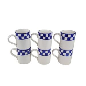 Baum Bros Style-Eyes Blue White Checkered Coffee Mugs Set of 6 Ceramic Cups